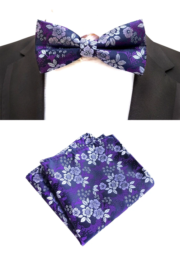 New Mens Pre-Tied adjustable Bow Tie Floral Purple Silk Bowtie Hanky Party - image 1 of 1