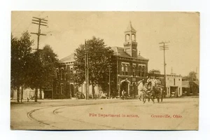 Greenville Ohio, camión de bomberos, equipo de caballos, bomberos, en acción, postal de 1913 - Imagen 1 de 2