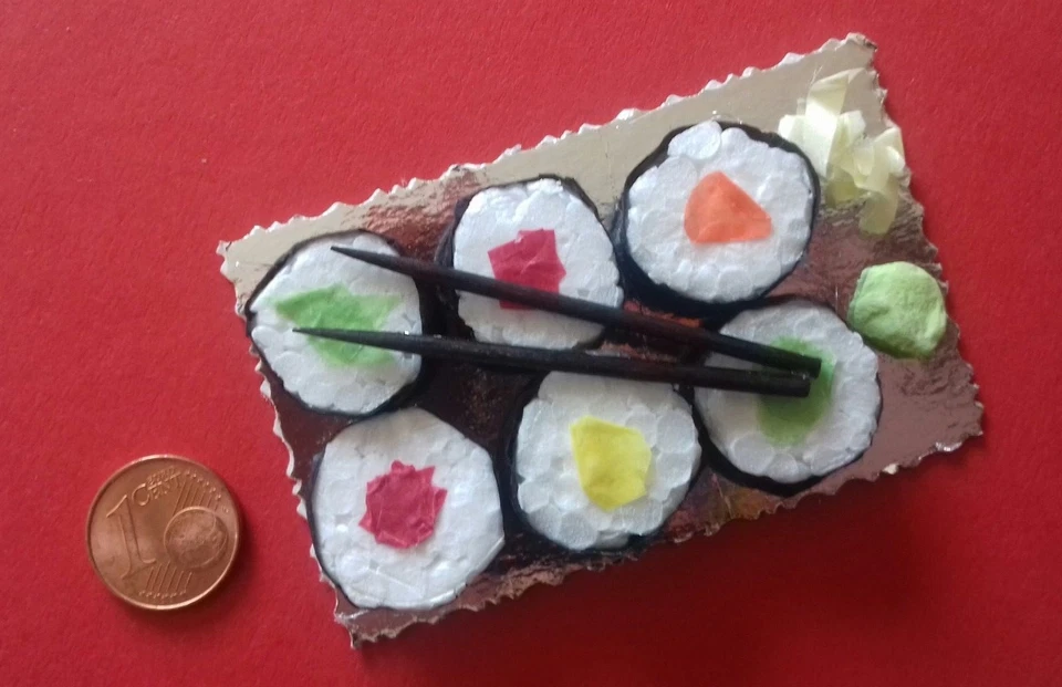 MADE BY FARBKLECKSTIGER* 6 x Sushi Maki Ingwer Wasabi Deko Puppenküche, Kaufmannsladen handmade neu
