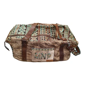 Luxurious Cowhide Duffel Bag – 19″×12″×9″ – Turquoise & Tan Leather - Picture 1 of 17