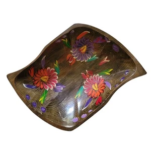 Vintage Colorful Hand Painted Floral Wooden Large Salad Fruit Bowl Batea Mexico. - Picture 1 of 24