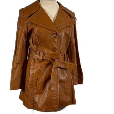 Vintage 70s brown Sears short leather trench coat jacket sz M - Image 1 of 4