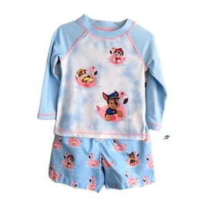 Boys PAW PATROL Blue Swim Shorts Rashguard Shirt Swimsuit Set Size 18M Flamingo - Picture 1 of 3