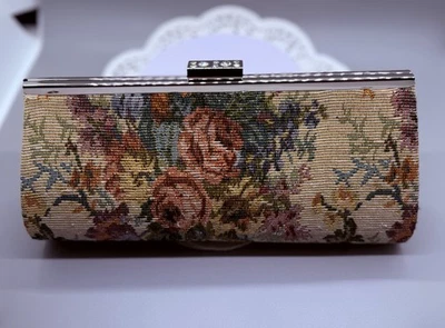 NWT Women’s “Sasha Handbags” Floral Tapestry Clutch/Purse - Silver Embellishing - Image 1 of 4