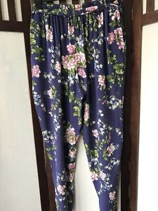 M&Co Long Summer Trousers, Flowery Pattern on Navy , Size 20, stretch back waist