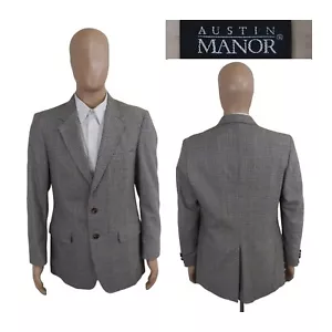 Vintage Austin Manor Leather Button Gray Beige Houndstooth Check Sport Coat 40R - Picture 1 of 10