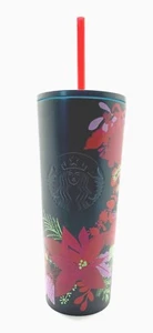 Starbucks 2021 Dark Green Metal Poinsettia Holiday Tumbler NEW 16 oz with Straw - Picture 1 of 6