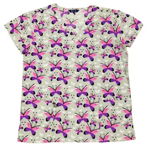 Womens Fashion Medical Nursing Scrub Tops Gray Base Pink Purple Butterflies 1X - Picture 1 of 2