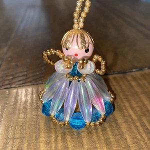 Vintage Mid Century White Gold & Teal Beaded Angel Christmas Ornament Handmade - Picture 1 of 7