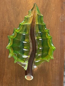 Vintage Large Art Glass Green Brown Leaf Bowl Henryk Rysz Poland - Picture 1 of 8