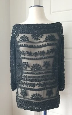Top Ralph Lauren Etiqueta Negra Seda Transparente y *PESADO * Negro Con Cuentas Pesadas 6/8  Foto 1 de 4