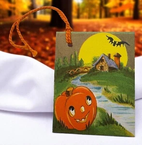 Vintage Halloween Bridge Tally Karte Kürbis Spooky House Fledermaus Jack o Laterne - Bild 1 von 6