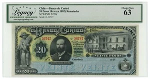 18XX Banco de Curico Santiago Chile 20 Pesos Legacy UNC 63 S-220r (64359) - Picture 1 of 2