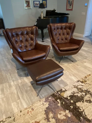 Pair of Pottery Barn "Wells" Leather Swivel Armchairs with Ottoman Cover