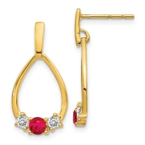 10K Yellow Gold 0.74 Ct Lab Grown Diamond and Lab Created Ruby Dangle Earrings - Picture 1 of 3