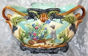 ANTIQUE FRENCH ONNAING MAJOLICA JARDINIERE / PLANTER BOY WHEELBARROW FLOWER - Picture 1 of 8