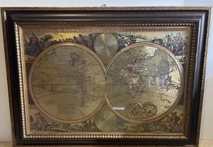 Large Framed Double Hemisphere World Map Gold Foil By Bombay Company 37” X 27” - Picture 1 of 7