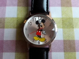 Mickey Mouse Watch Vintage Manual Wind Round Silver Black Faux Leather Strap  - Picture 1 of 8