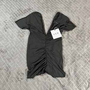 Cut Juniors 18 Shirt Army Olive Green Ruched Slit Short Sleeve Stretch V Neck - Picture 1 of 3