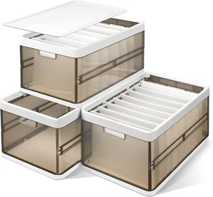 Clear Storage Bins 3Pcs Organizer Stackable Shoe Boxes with Lid & Handle Divider - Picture 1 of 12