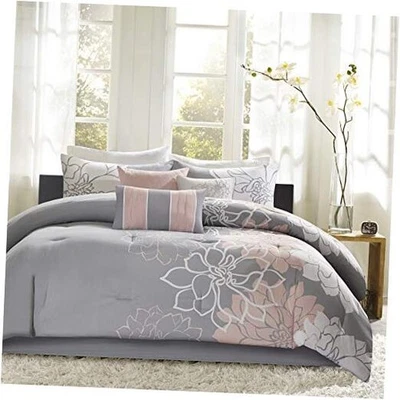  Sateen 棉被子套装,透气柔软保护套,大号灰褐色灰色/桃子 — 第 1/4 张图片