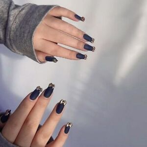 3D Gold Bow Matte Navy Blue Fake Nails Full Artificial Nail Tips Manicure Tool