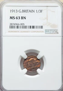 UK - GREAT BRITAIN , 1/3 FARTHING 1913 - NGC MS 63 BN ( U ) , RARE - Picture 1 of 2