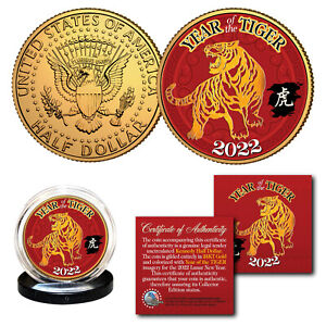 2022 Chinese New YEAR OF THE TIGER 24K Gold Plated JFK Kennedy Half Dollar Coin