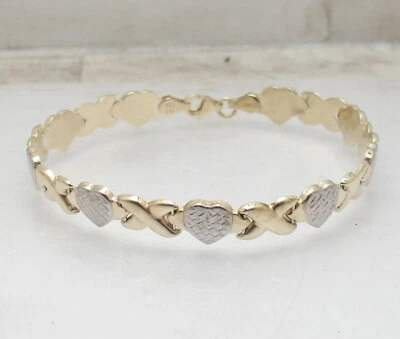 Diamond Cut Hearts & Kisses Bracelet Genuine REAL 10K Yellow White TwoTone Gold - Image 1 of 4
