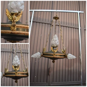 Antique French empire style brass MEtal eagle chandelier flame shade lamp - Picture 1 of 14