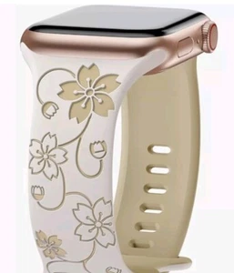 Silicone Cream Flower Engraved Band Compatible w Apple Watch Bands 38mm- 41mm - Picture 1 of 3