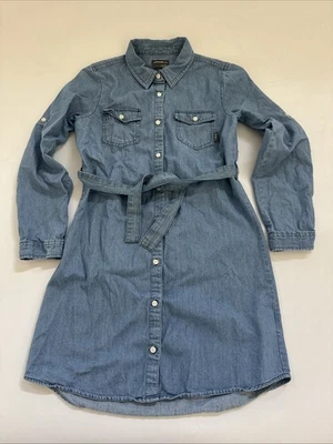 Eddie Bauer Jean Shirt Dress Blue Denim Belted Long Sleeve Kids Girl Large 14 - Image 1 of 4