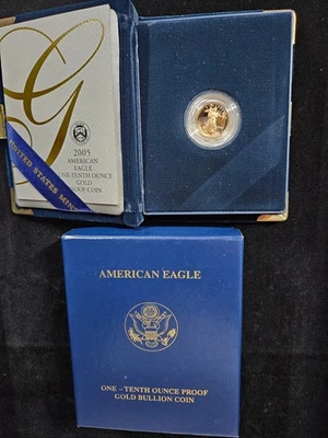 🌟 Moneda American Gold Eagle 2005 $5 1/10 oz PRUEBA BU SIN CIRCULAR con certificado de autenticidad Foto 1 de 3