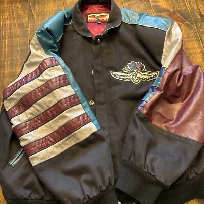 Chaqueta JH DESIGNS Vintage INDY 500 Motor Speedway CUERO/SARGA Grande Retro Foto 1 de 4