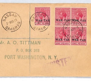 BAHAMAS KGV Cover *WAR TAX* Nassau Reg'd 1919 1d BLOCK{4} USA {samwells}XC253 - Picture 1 of 10