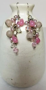 Handcrafted Artisan Earrings Pink Cluster Dangle-Long-Crystals Stones 925 Plate  - Picture 1 of 5