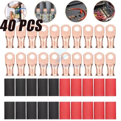 TRUSTEDPLCSUPPLIER 40Pcs 1/0 AWG Gauge Copper Lugs W/ BLACK & RED Heat Shrink Ring Terminals Wire