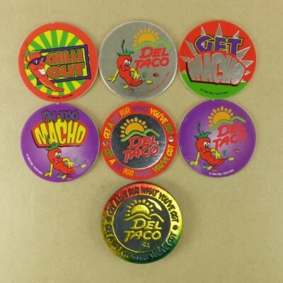 6 Authentic Del Taco Pogs and 1 Plastic Double thick POG Kini Slammer from 1994 - Image 1 of 2