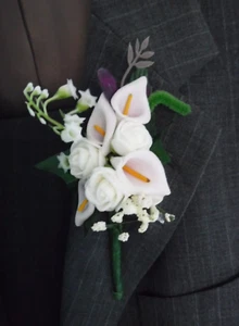 1 Ivory Lilac/Purple Calla & Rose Corsage Buttonhole Wedding Flowers Artificial - Picture 1 of 1