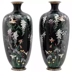 A High Quality Pair of Meiji Antique Japanese Cloisonne Enamel Wisteria and Bird - Picture 1 of 7