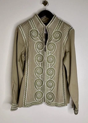 Chaqueta Bordada Vintage Bob Mackie Usable Arte Caqui/Oliva y Blanco Talla XL Foto 1 de 4