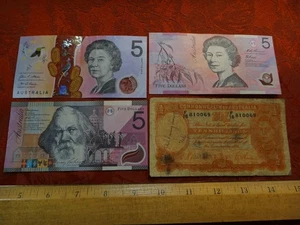 Lote de 4 billetes de moneda de Australia 3x 5 dólares y 1x diez chelines - envío y devolución gratuitos EE. UU. - Imagen 1 de 10