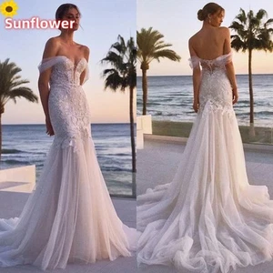 Off Shoulder Mermaid Wedding Dresses Sleeveless Lace Applique Beach Bridal Gowns - Picture 1 of 9