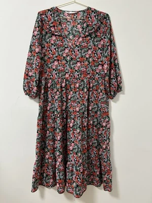Maxi Vestido Zara The Angel Floral En Niveles Midi Para Mujer’s L Negro Rojo Amapola Cottage Foto 1 de 4