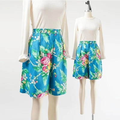 Pantalones Cortos Vintage Lino Floral Cintura Alta Plisados Cottagecore Shorts L Foto 1 de 4