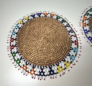 Pair of Ndebele African Art Hand Woven Grass Decorative Beaded Placemats x 2 - Picture 1 of 7