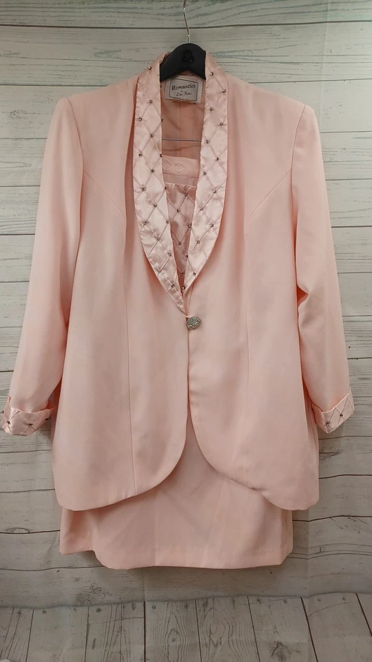 Conjunto de Traje Romántico Por Lisa Kane Chaqueta Falda Talla 22 Rosa Con Cuentas Foto 1 de 4