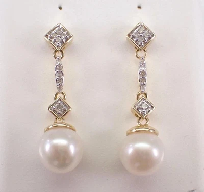 Женские серьги-подвески с натуральным жемчугом круглой огранки 4 карата покрытие желтым золотом 14 карат - Изображение 1 из 4