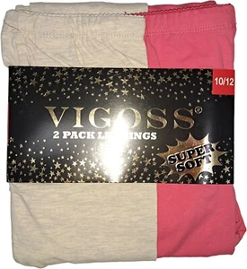 VIGOSS Girls 2 Pack Leggings Super Soft Large 10/12 Fuschia / Oatmeal Heather - Picture 1 of 2