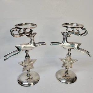 2 The White Barn Reindeer Pillar Candle Holder Star Deer Silver Plated Christmas - Picture 1 of 8
